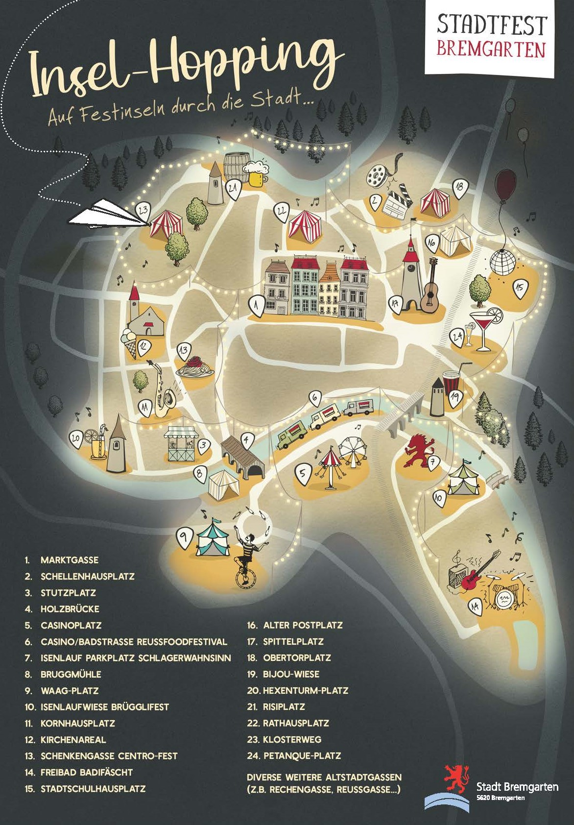 Gezeichneter Plan von Bremgarten mit verschiedenen Festinseln